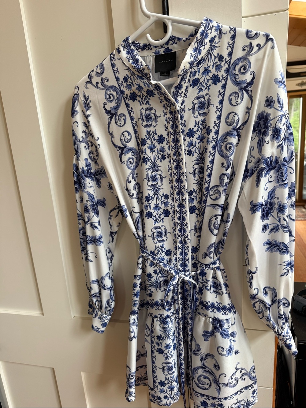 Alex Marie White Dress with Blue Floral Scroll Print and Tie Waist